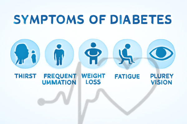 Common symptoms of diabetes include thirst, frequent urination, weight loss, fatigue and blurry vision