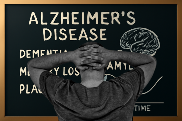 Man looking at a board with Alzheimer’s disease, dementia, and memory loss terms illustrated with a brain drawing.