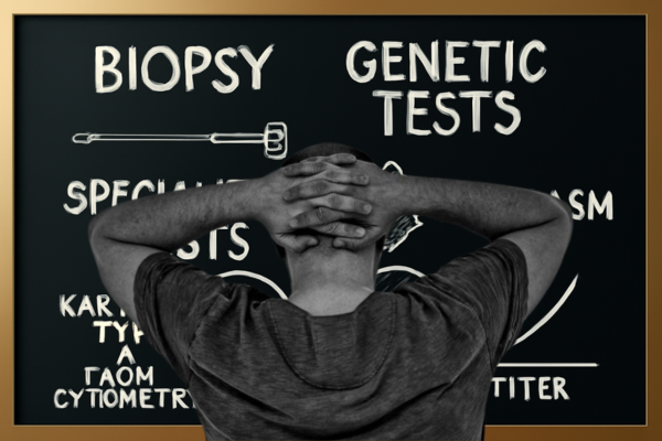 Man looking at a board showing Biopsy and Genetic Tests with medical terms and illustrations.