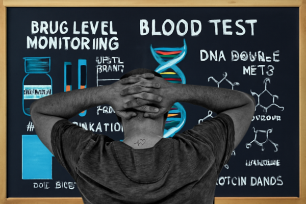 Man observing a blood test chart with molecular structures.