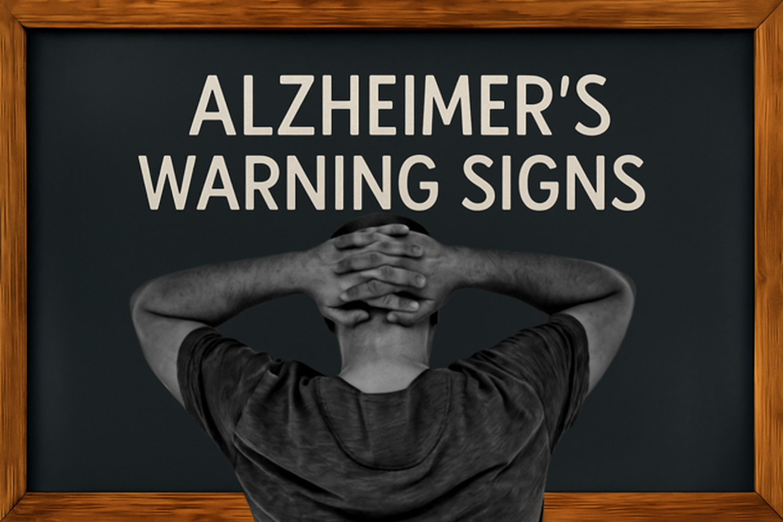 Person holding head in stress with text "Alzheimer's Warning Signs" written on a blackboard.