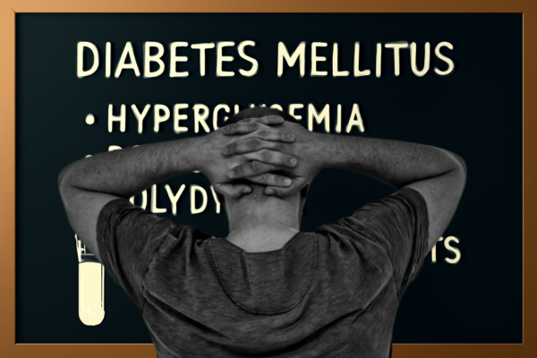 Man looking at a chart showing Diabetes Mellitus, hyperglycemia, and related terms.