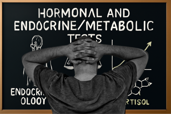Man looking at hormonal tests chart with cortisol and endocrine system illustrations.