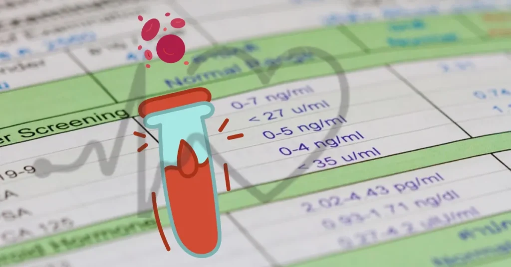 Blood sample tube with a background of medical blood test report showing test values