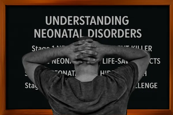 Man observing a board titled 'Understanding Neonatal Disorders' with stages and facts about neonatal health issues