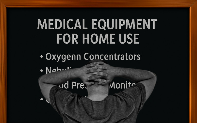 Poster showing medical equipment for home use including oxygen concentrators, nebulizers, and blood pressure monitors, with a person holding their head in the foreground.