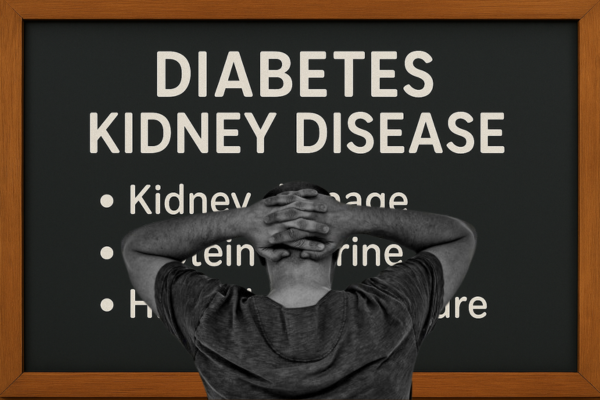 A person with hands on their head is looking at a blackboard that displays the title "Diabetic Kidney Disease."