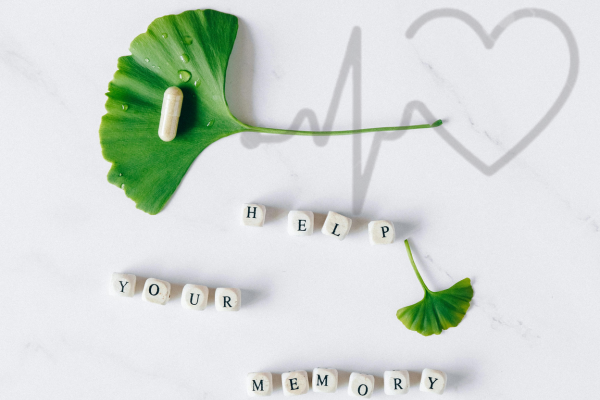 Ginkgo biloba leaves with a white capsule and text saying "Help Your Memory"