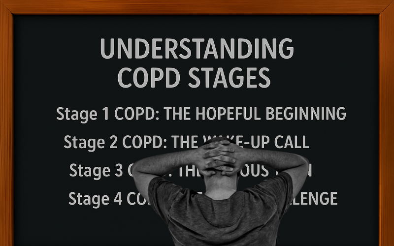 An infographic showing four COPD stages with descriptions, titled "Understanding COPD Stages," highlighting the emotional journey and impact on life expectancy by stage—a visual guide to feature COPD life expectancy by stage.
