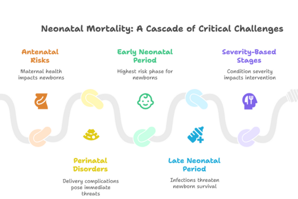 Neonatal mortality infographic showing critical challenges, including antenatal risks, perinatal disorders, and neonatal periods