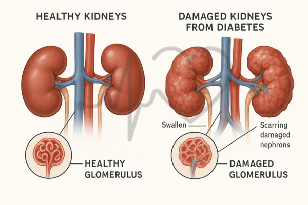 Medical illustration comparing healthy kidneys with kidneys damaged from diabetes, showing swollen tissues, scarred nephrons, and glomerulus differences.