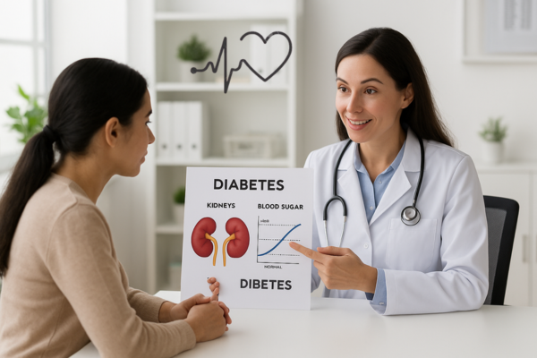 Doctor discussing diabetes-related kidney complications with a female patient using a visual chart showing kidneys and blood sugar levels.