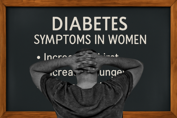 A man with hands behind his head is looking at a board that says "Symptoms of Diabetes in Women," listing symptoms and highlights.