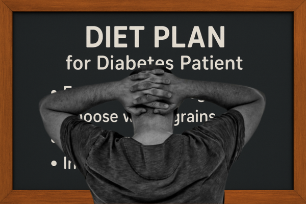Image showing a man looking at a board with the text "DIET PLAN for Diabetes Patient," focusing on the diet plan for a diabetic patient.