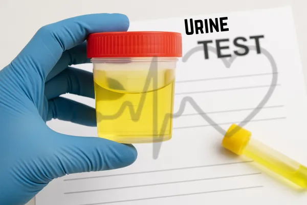 rine test sample in a container held with blue gloves.
