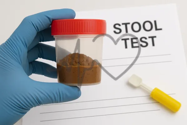 Stool test sample in a container held with blue gloves.