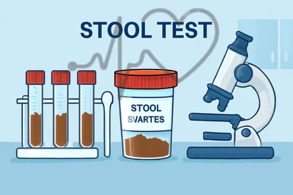 Illustration of stool test with sample containers and microscope.