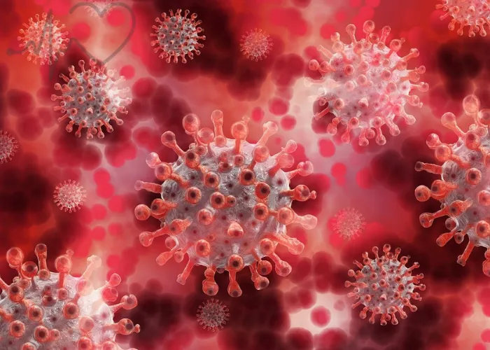 Microscopic view of virus particles in red background.