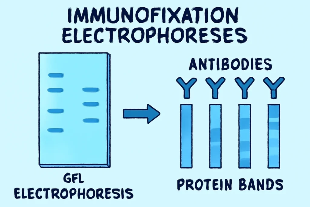 Diagram showing immunofixation electrophoresis process with protein bands and antibody markers, illustrating GFL electrophoresis used in biopsy and genetic testing.