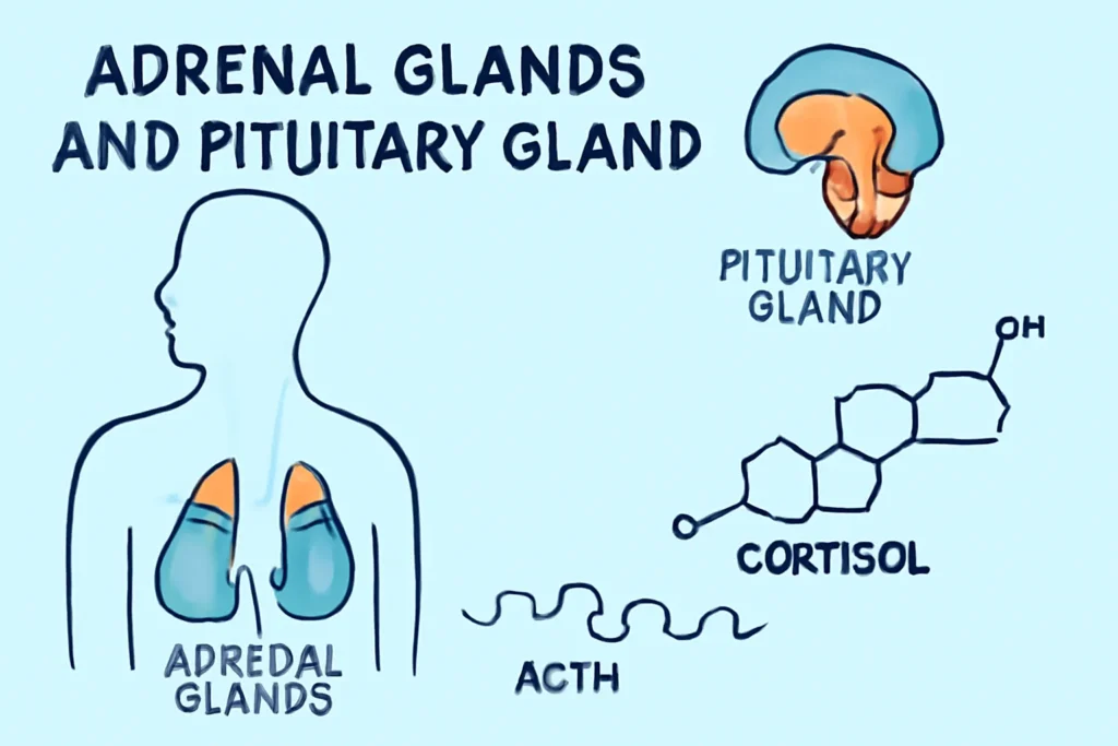 Diagram showing the human silhouette highlighting adrenal glands and pituitary gland, with chemical structure of cortisol and ACTH hormone illustration for hormonal and endocrine tests.