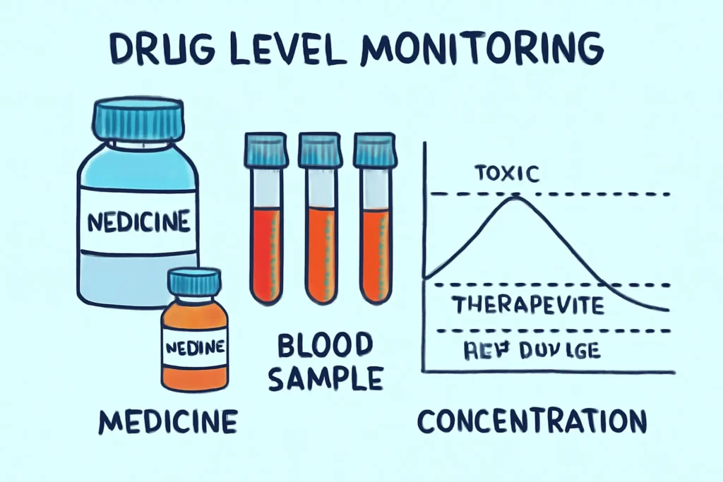 Illustration of drug level monitoring showing medicine bottles, blood sample tubes, and a graph depicting toxic, therapeutic, and safe drug concentration levels.