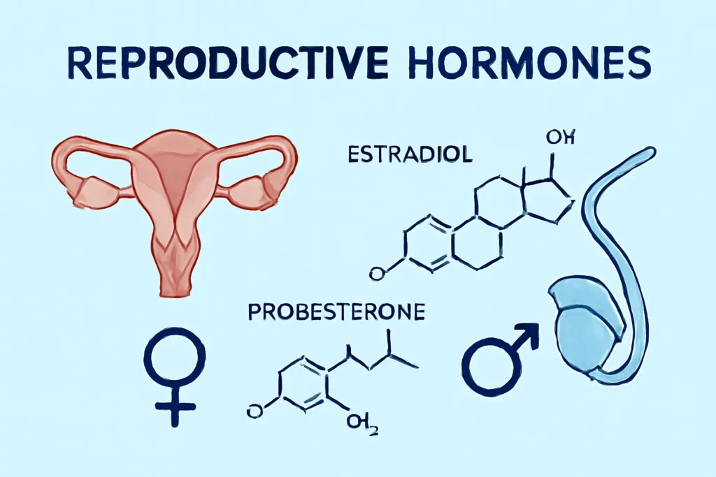 Illustration of the female reproductive system and male reproductive organ with chemical structures of estradiol and progesterone hormones for the hormonal and endocrine tests blog.