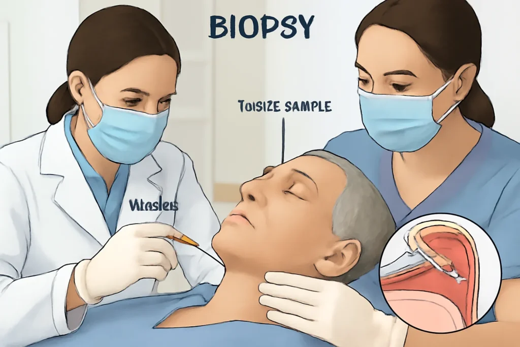 Two healthcare workers wearing masks conducting a biopsy on a patient's neck, illustrating the process of taking a tissue sample for diagnostic testing.