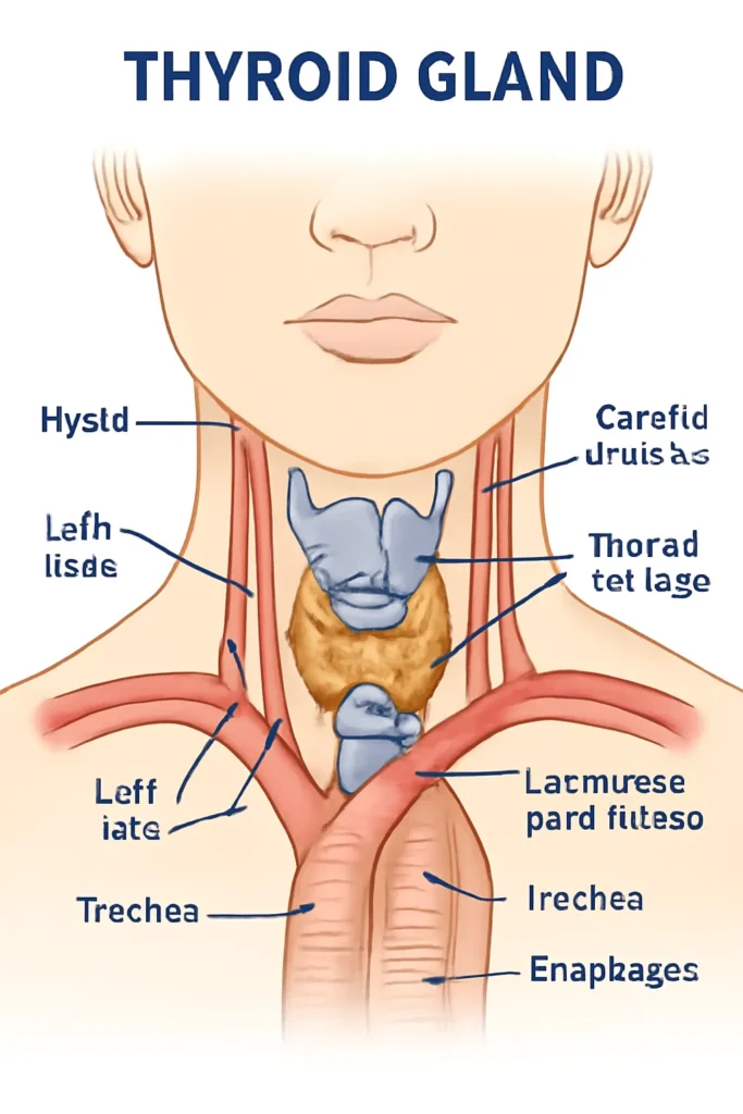 Illustration of the thyroid gland located in the human neck with labeled parts including trachea, thyroid lobes, and surrounding blood vessels for hormonal and endocrine tests blog.