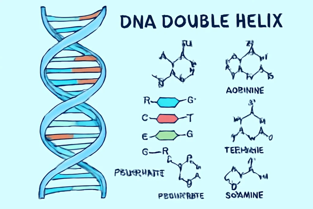 A detailed drawing showing the DNA double helix with colored base pairs and the chemical structures of adenine, thymine, cytosine, and guanine nucleotides, explaining genetic components.