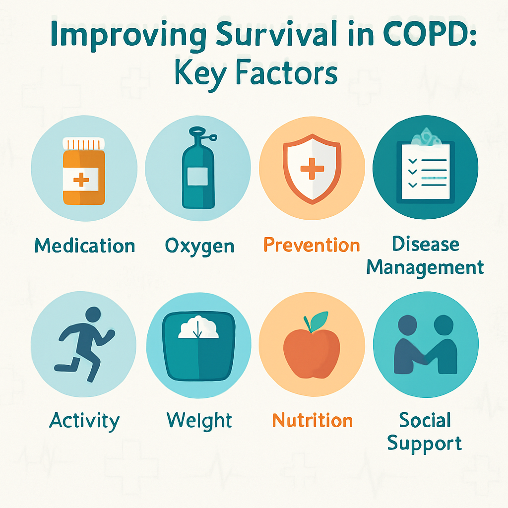 Key factors to improve COPD life expectancy by stage includemedication, oxygen, prevention, disease management, activity, weight control, nutrition, and social support.