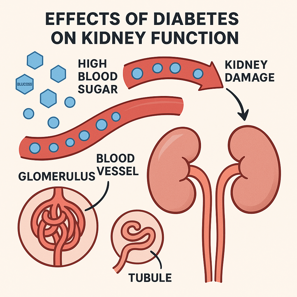This image explains how diabetes affects kidney function. It shows that high blood sugar damages the blood vessels in the kidneys, specifically the glomerulus and tubules.